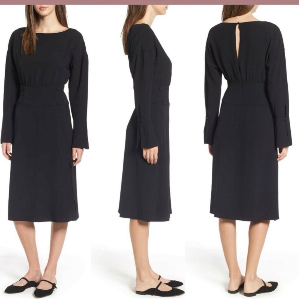 Lewit Black Button Waist Sheath Dress Bateau Neckline Long Bell Sleeve Size 12